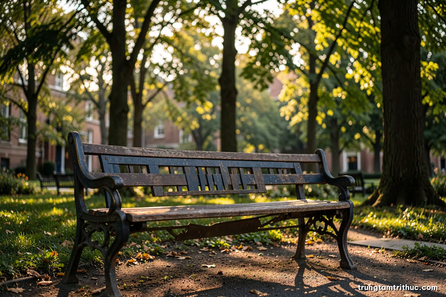 Low angle view of an empty wooden bench in a quiet hospital garden at late afternoon, tall trees and soft sunlight filtering through leaves, gentle green and gold palette