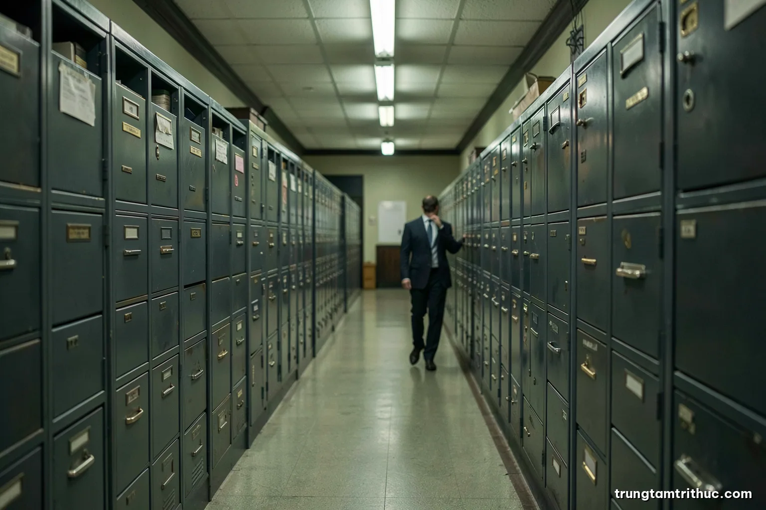 Over-the-shoulder view of a long corridor of identical grey filing cabinets in a quiet government archive, one clerk walking away, fluorescent light, desaturated green palette