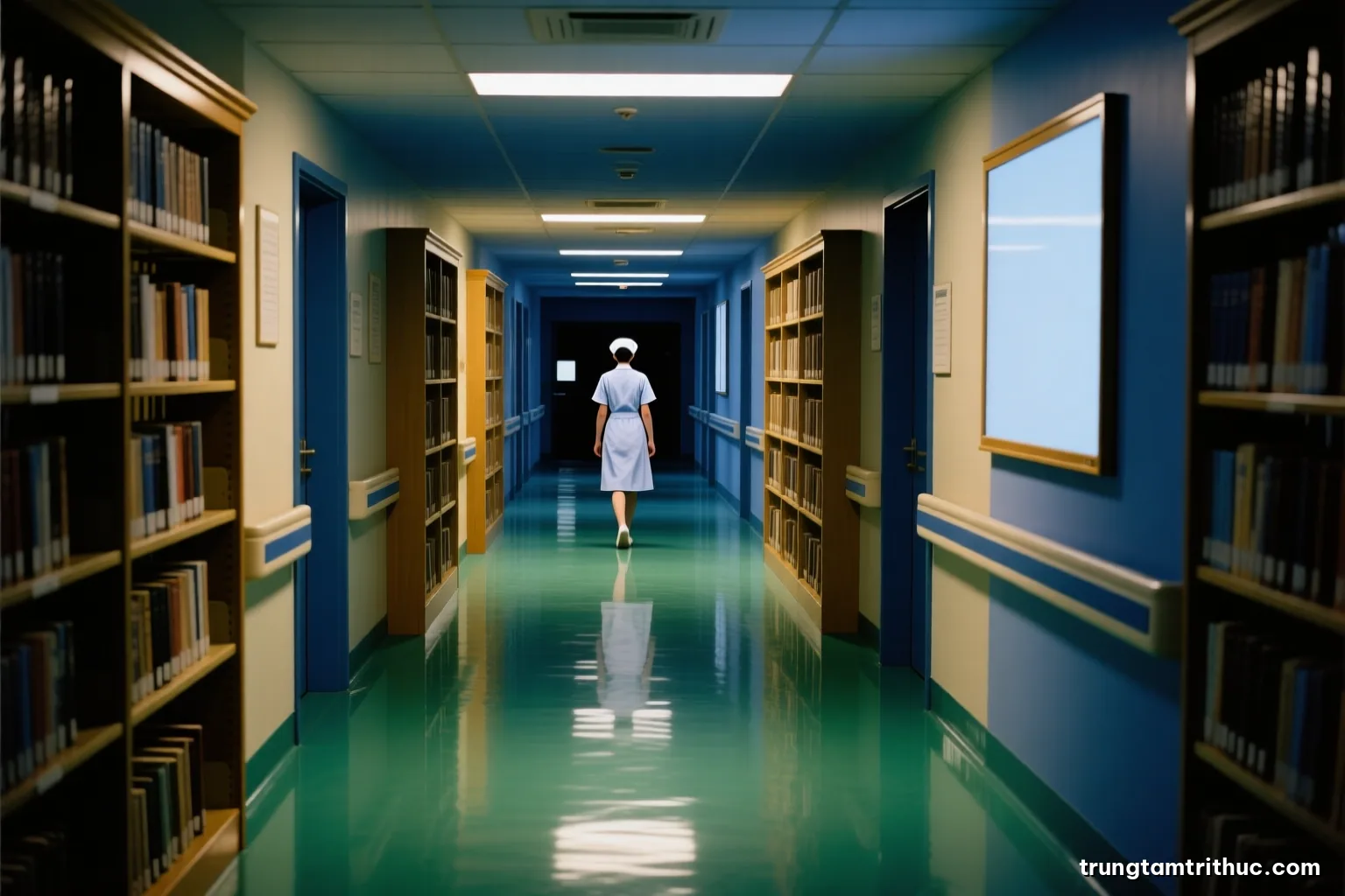 Quiet hospital corridor at night photographed from a wide symmetrical angle, soft green floor reflections, a single nurse walking away in the distance, calm cool palette