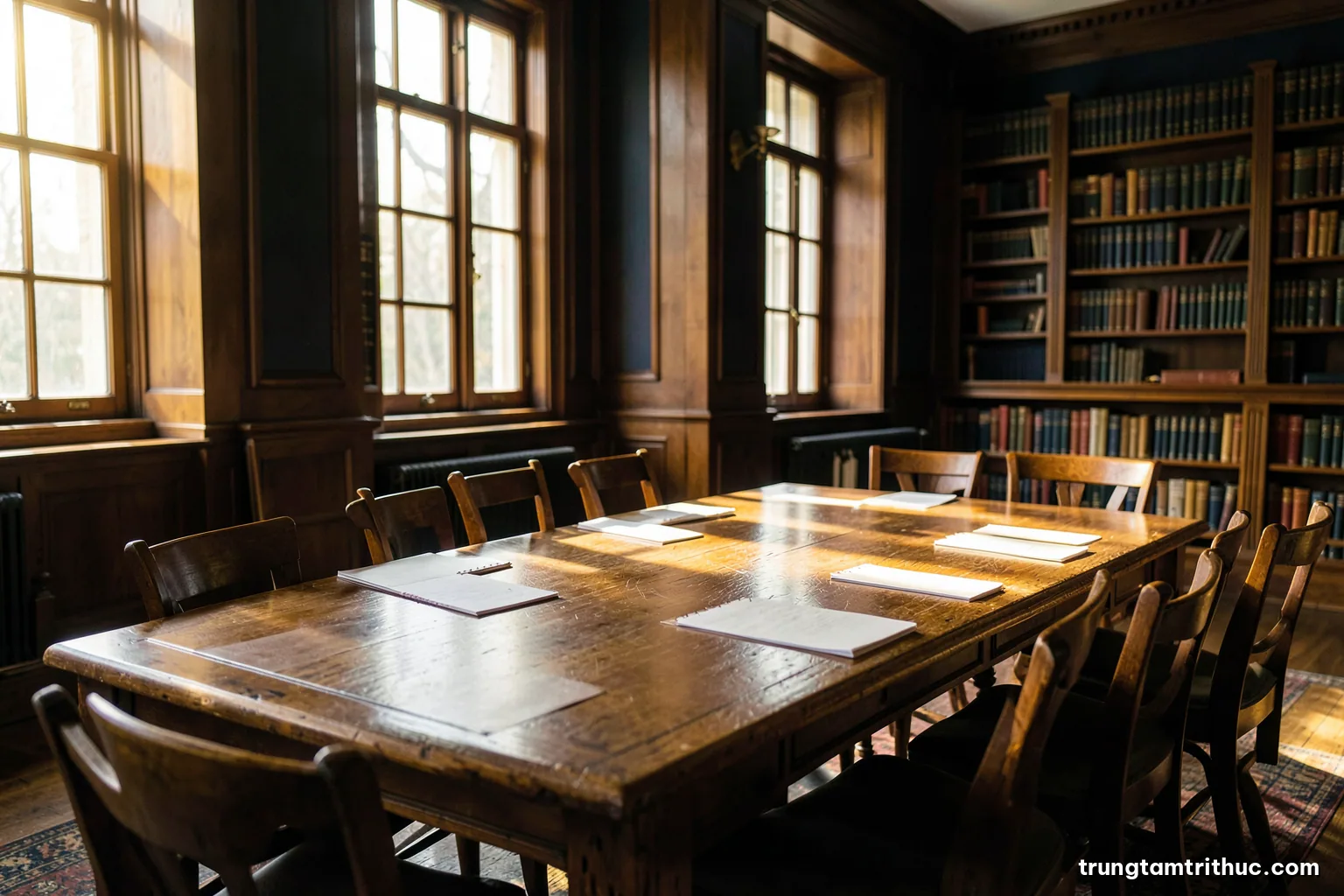 Wide shot of a quiet university seminar room with a long oak table, empty chairs and scattered blank notepads, late afternoon sun through tall windows, warm honey and olive tones