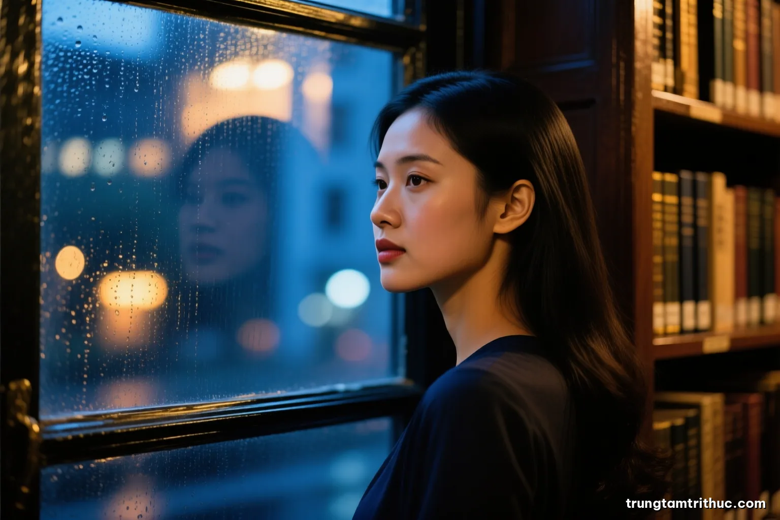 Close-up of a Vietnamese woman partly turned away by a rain-streaked window, face in soft shadow, reflections blurring the city lights behind, moody indigo and warm amber tones