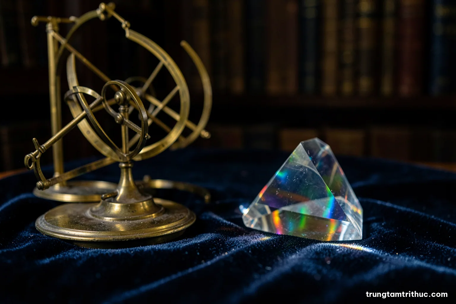 Macro shot of antique brass astronomical instruments and a glass prism splitting light on a dark velvet cloth, rainbow spectrum, moody low key lighting, deep navy and gold