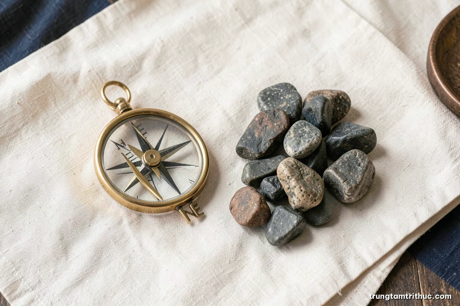 Overhead view of two contrasting objects on pale linen, a polished brass compass and a handful of fresh river stones, soft diffuse daylight, minimalist composition, cream and copper palette