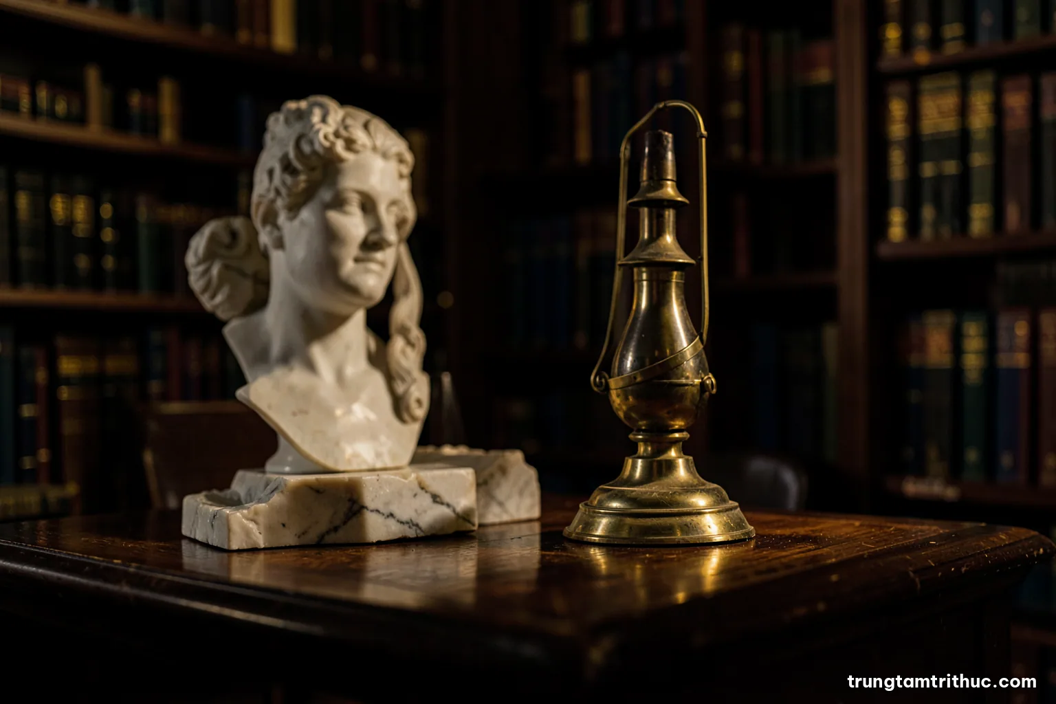 Marble bust fragments and a bronze oil lamp on a dark wooden library table, low angle, warm amber side light, deep shadows, muted ochre and charcoal palette