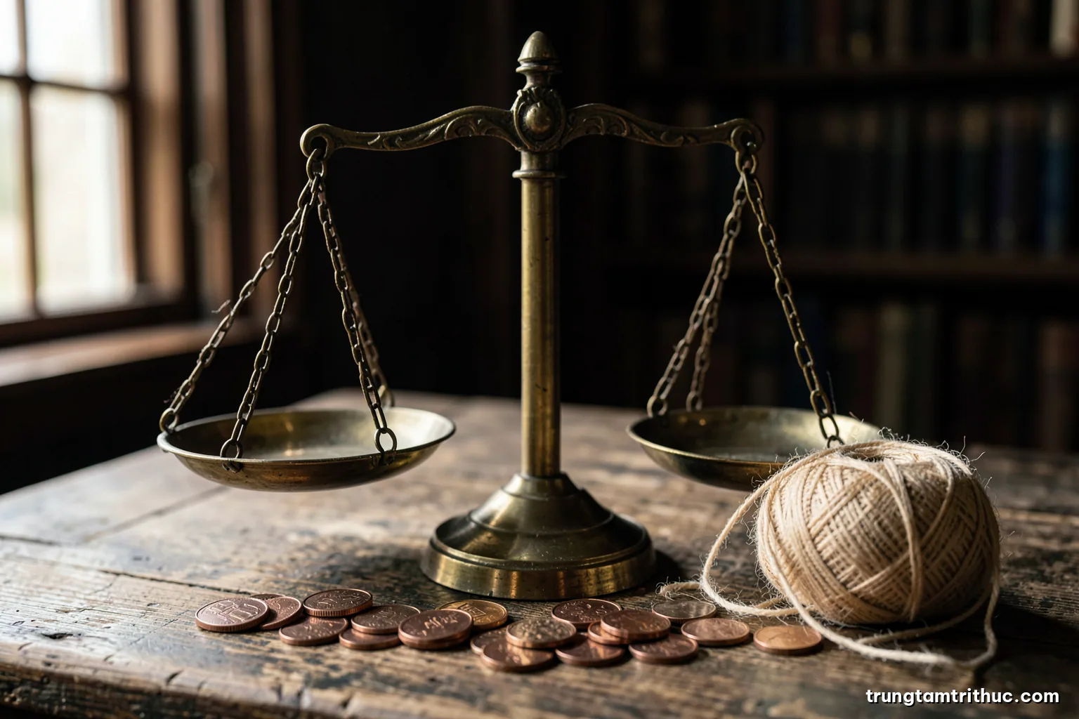 Close-up of an antique brass balance scale, scattered copper coins and a coil of linen thread on weathered oak, soft window light from the left, sepia and brass tones