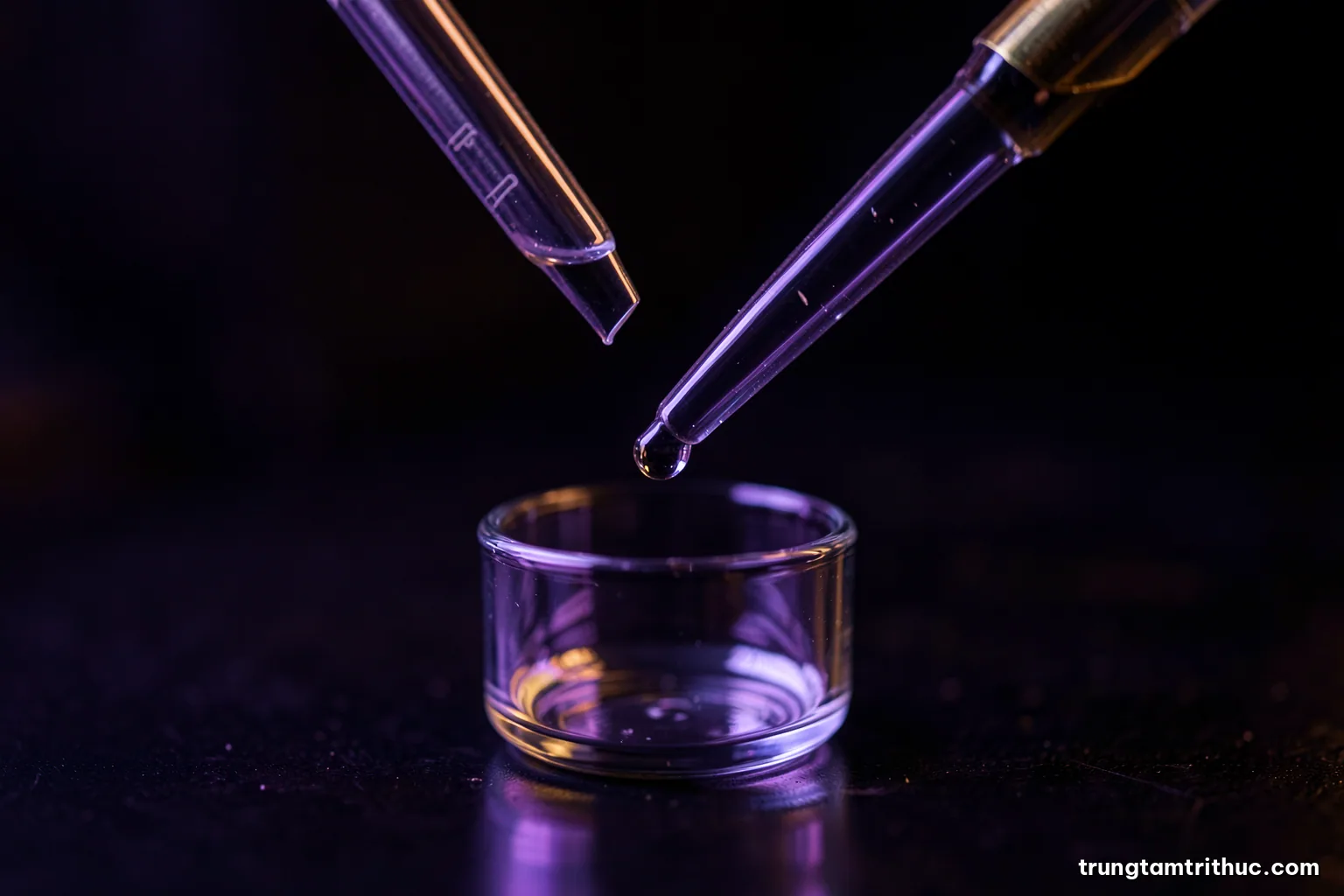 Macro shot of a pipette tip releasing a single droplet into a small glass well under violet laboratory light, dark background, crisp reflections, deep purple and silver palette