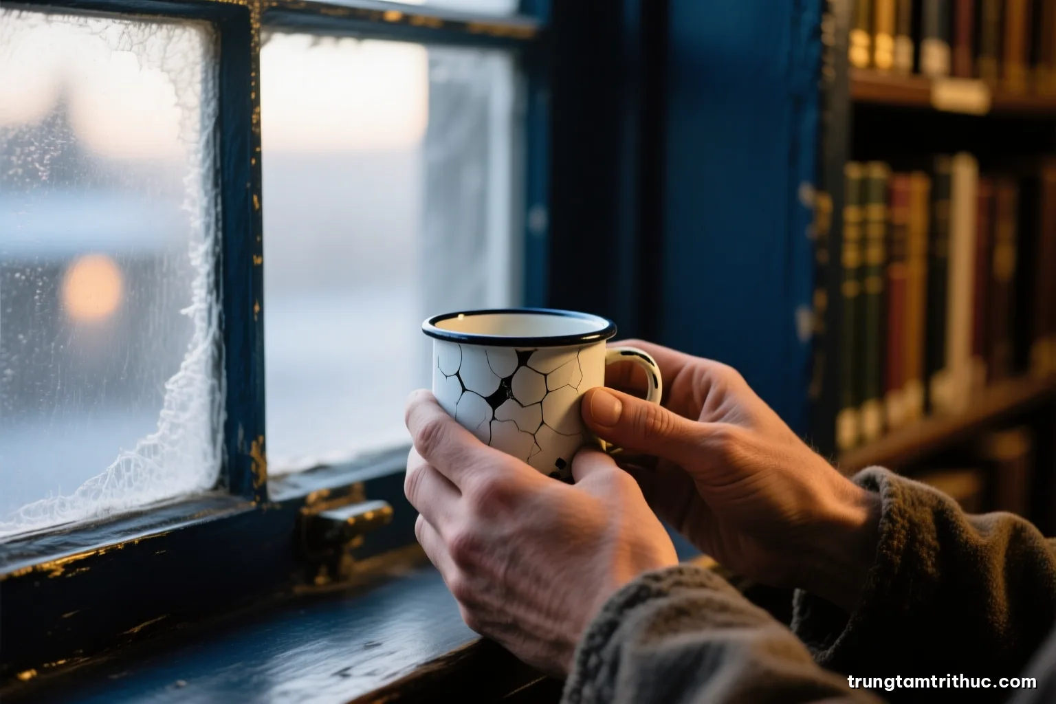 Close-up of weathered hands holding a small chipped enamel cup near a frosted barracks window, shallow depth of field, cold dawn light, desaturated grey with faint warm highlights