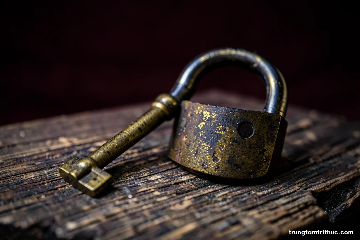 Macro shot of an old brass key resting beside an open padlock on weathered teak, the shackle catching a rim of light, deep burgundy background, moody chiaroscuro lighting