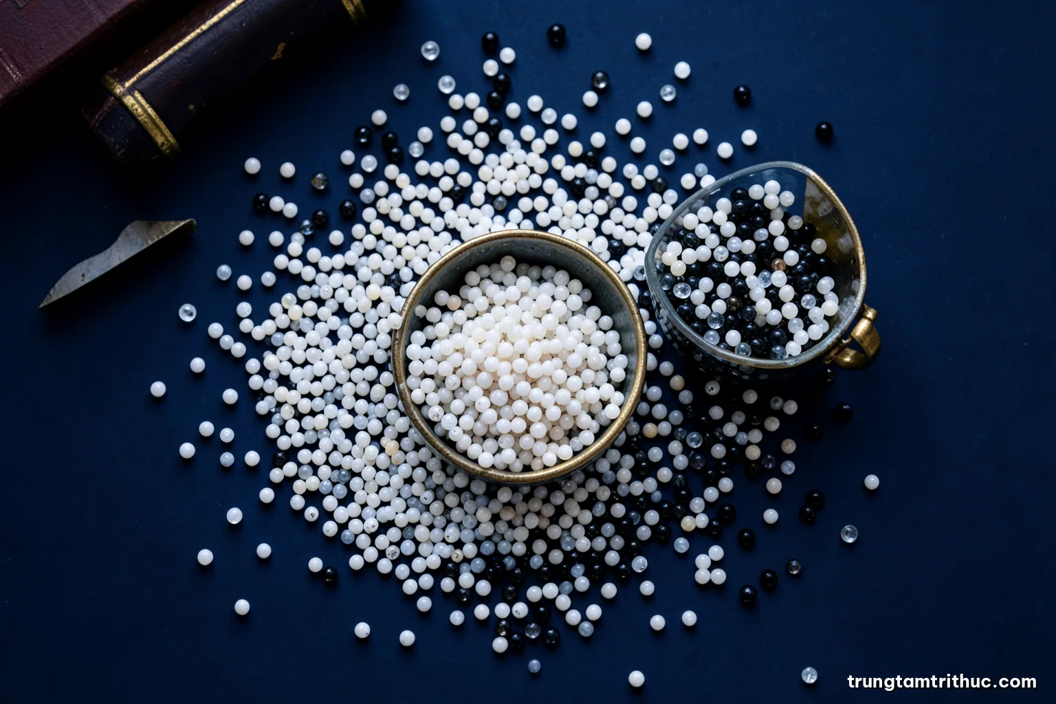 Overhead shot of hundreds of small white and a few dark glass beads spread across a matte navy tabletop, a few beads gathered into a small bowl, cool clinical lighting