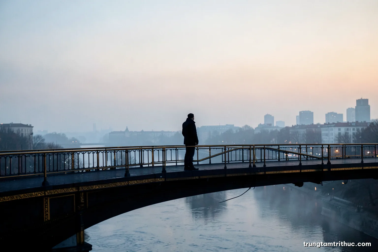 Silhouette of a lone figure standing on a long empty pedestrian bridge above a misty river at dawn, city blurred behind, cool grey and pale blue tones, wide angle