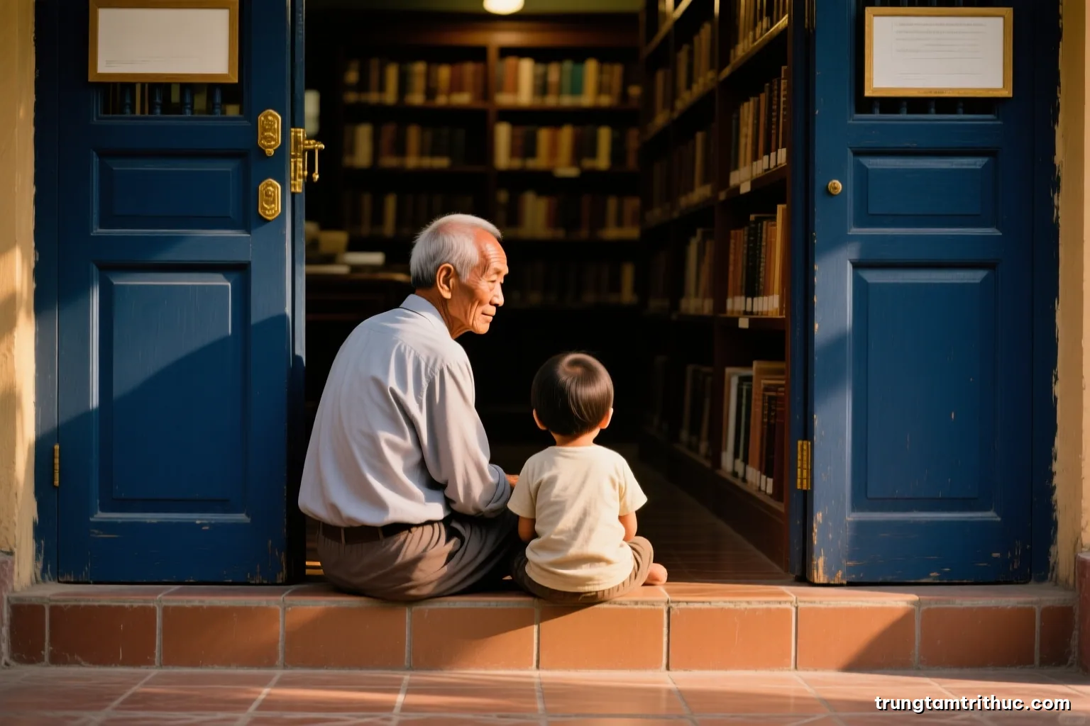 Soft side-lit scene of an elderly Vietnamese man and a small child sitting together on a tiled doorstep, faces turned away from camera, late afternoon glow, warm sepia palette