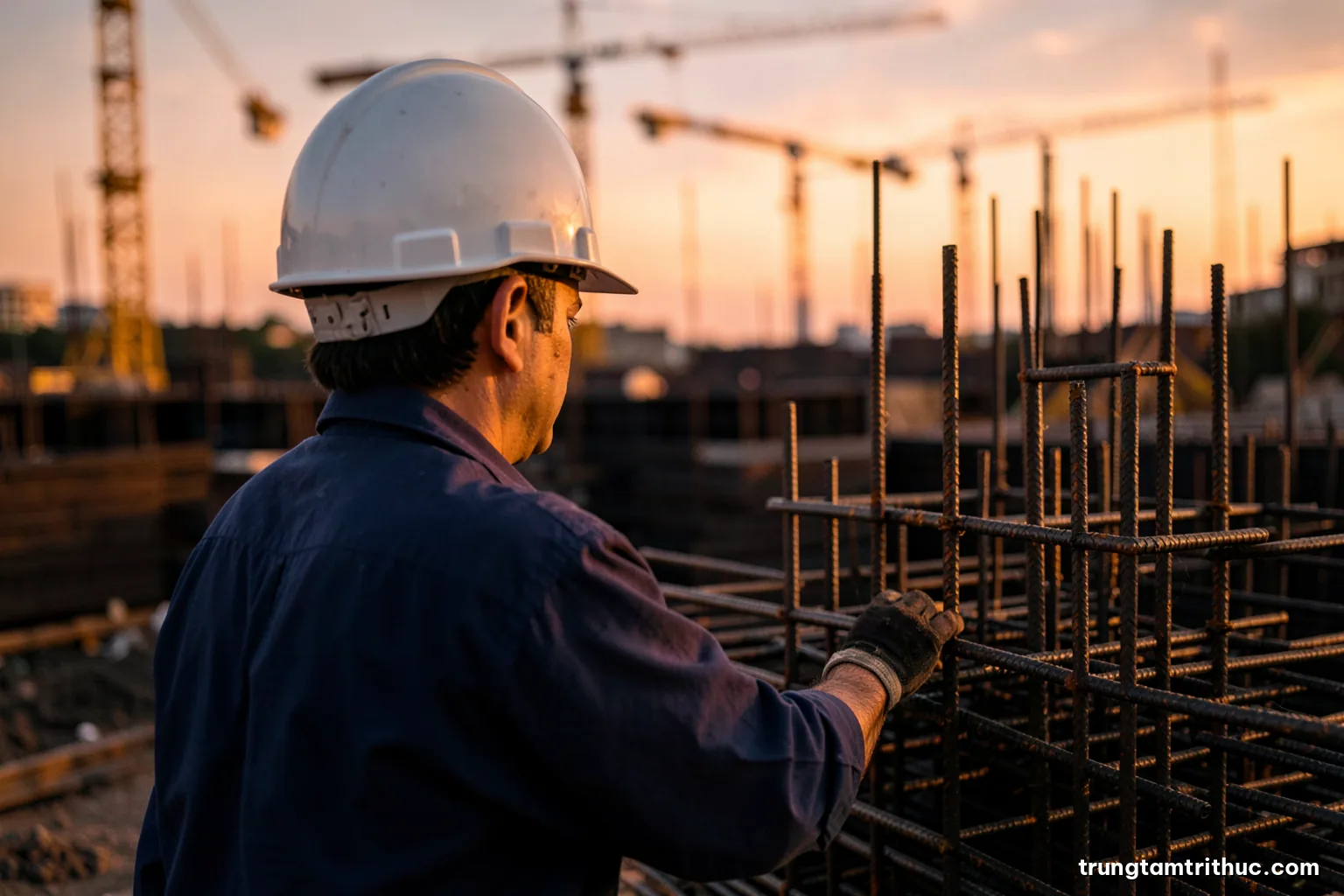 Over-the-shoulder view of a Vietnamese site engineer in a white helmet inspecting stacked steel rebar at a construction site at dusk, warm orange light, cranes softly blurred