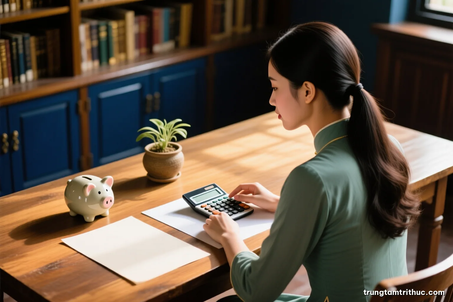 Over-the-shoulder view of a Vietnamese woman at a sunlit wooden table with a calculator, a ceramic piggy bank and a small pot plant, blank paper, soft cream and sage tones