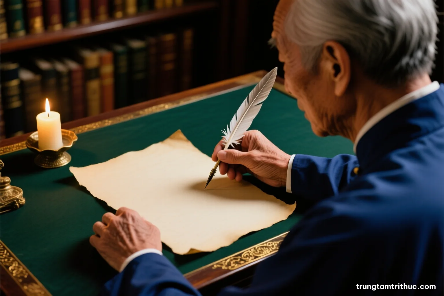 Over-the-shoulder view of an elderly Vietnamese scholar hands holding a quill above a blank parchment sheet, candle light, dark green and ochre tones, face not visible