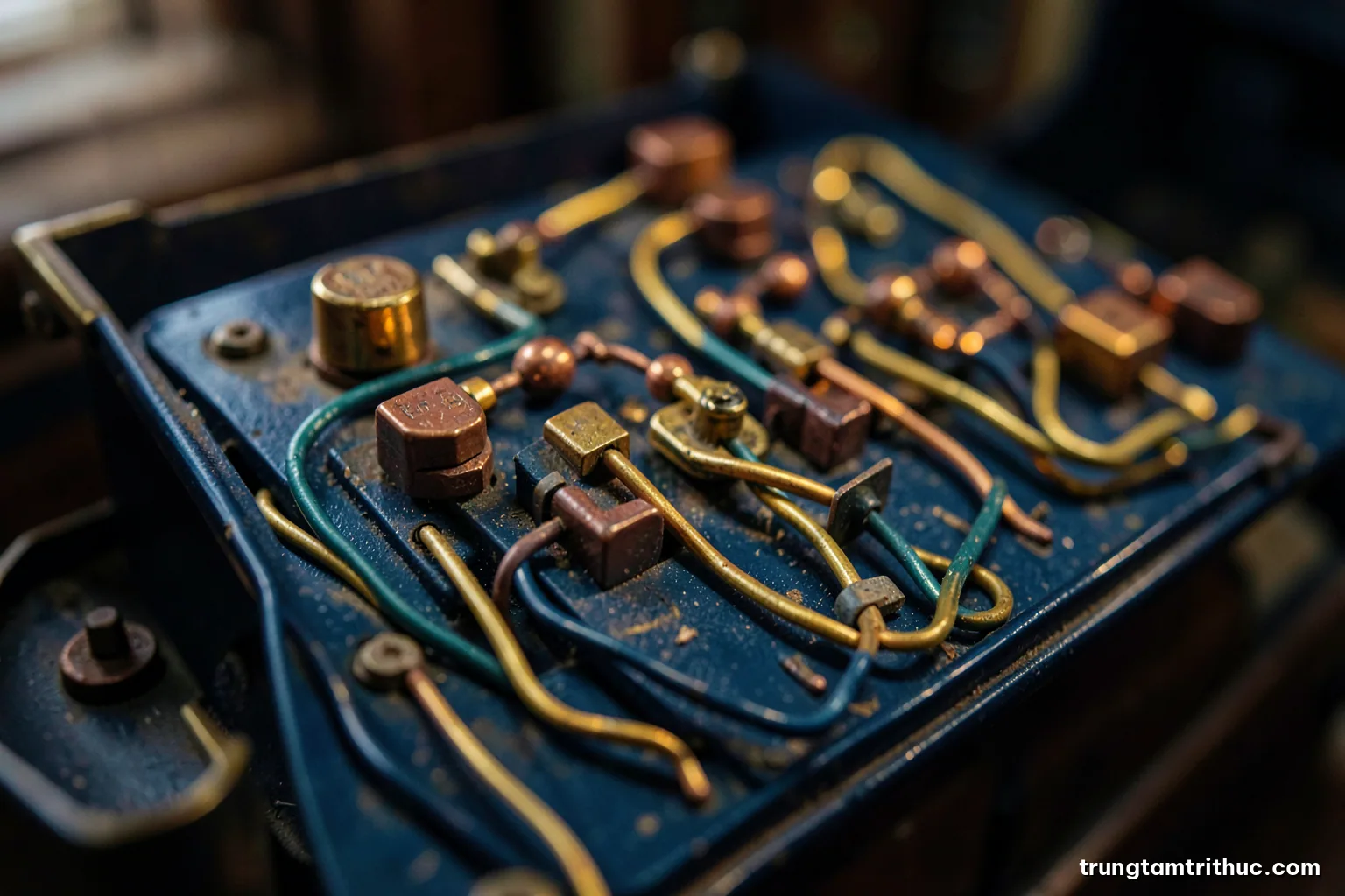 Close-up of a vintage electrical relay board with copper switches and neatly routed wires, some contacts glowing softly, warm brass and teal tones, shallow macro focus