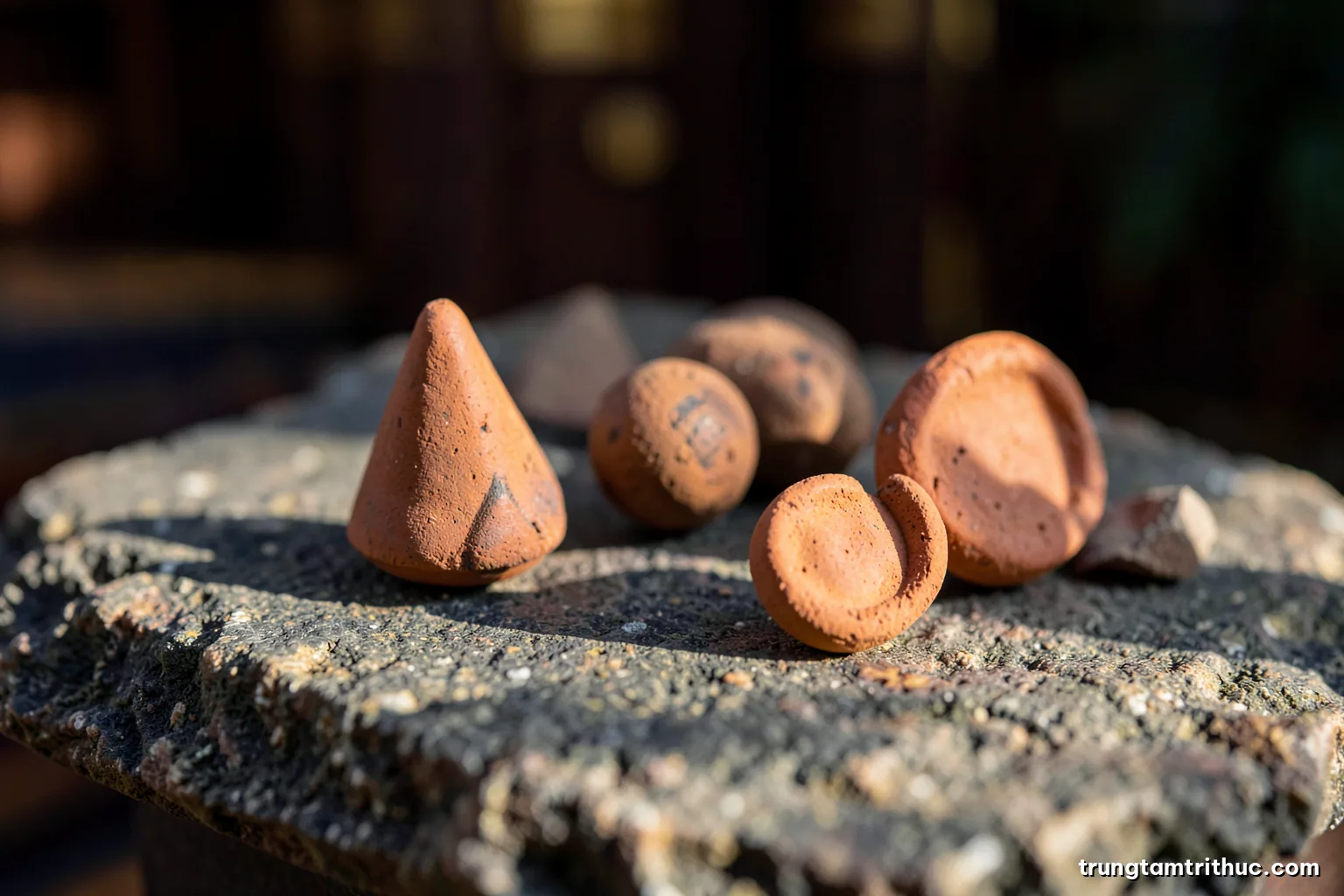 Macro close-up of small fired clay tokens shaped as cones, spheres and disks arranged on rough stone, raking afternoon light, terracotta and slate grey palette, no inscriptions