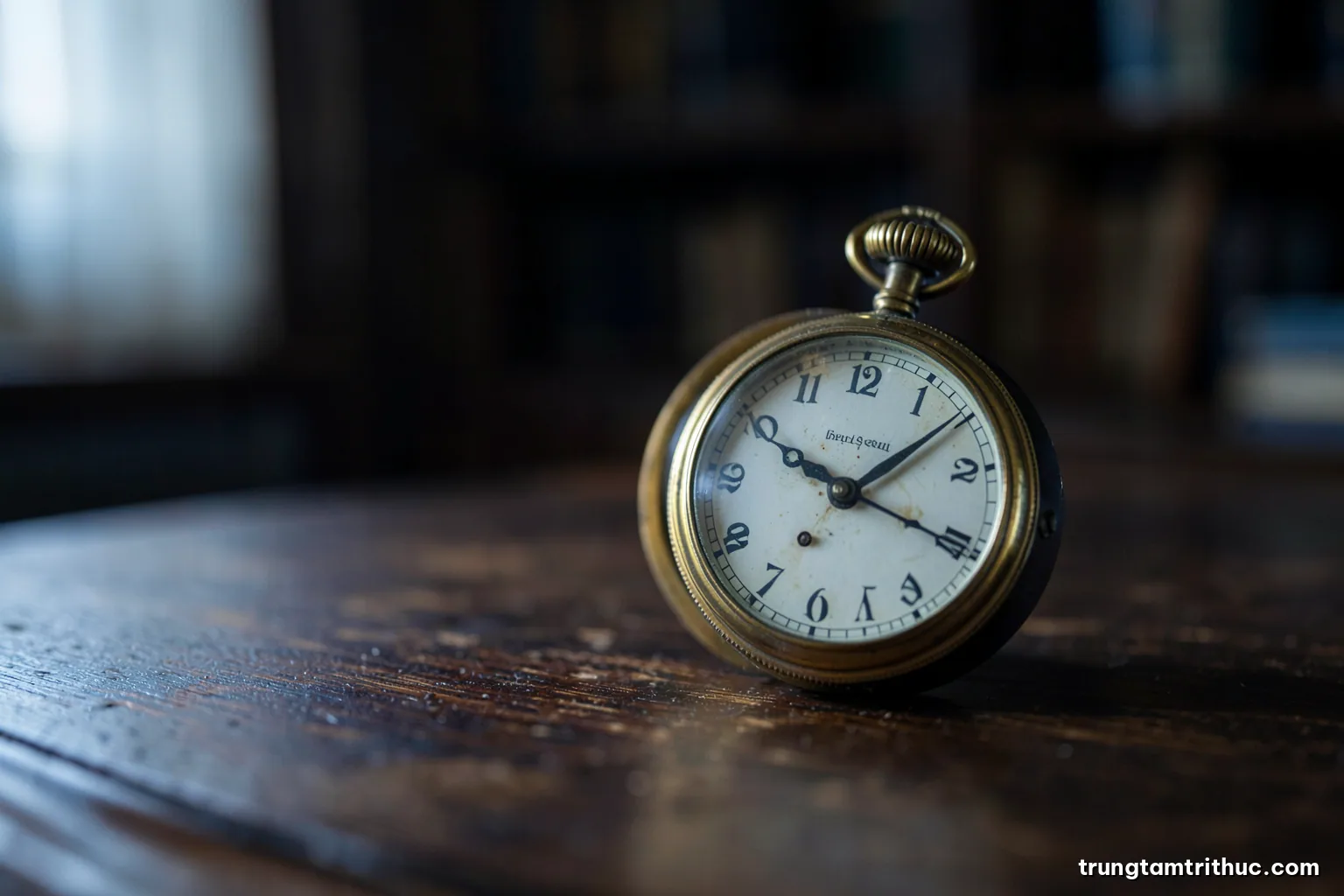 Macro photograph of an antique stopped pocket watch resting on a dark walnut desk, shallow depth of field, cool morning side light, muted brass and slate tones