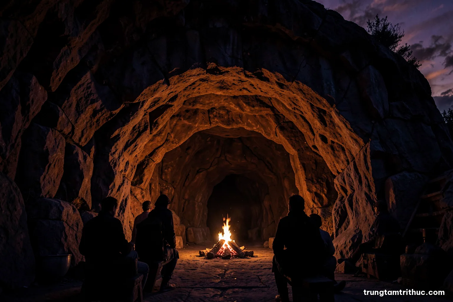 Wide shot of a prehistoric limestone cave entrance at dusk, a small campfire glowing inside, figures seen from behind as dark silhouettes, earthy umber and violet sky