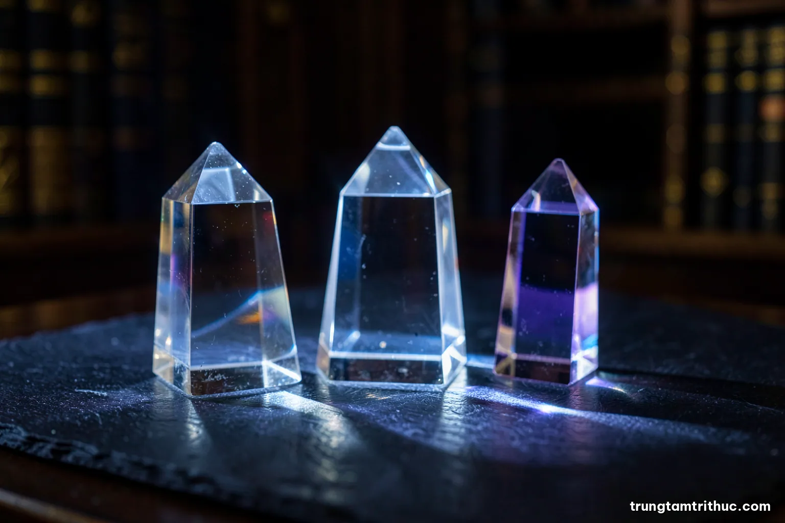 Macro photograph of three glass prisms on dark slate splitting a single beam of white light into separate colored paths, cool blue and violet palette, low side lighting