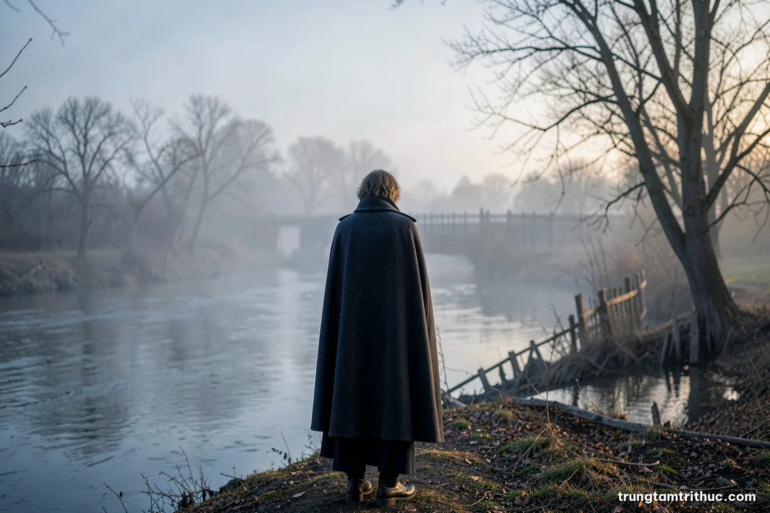 Lone figure in a wool cloak seen from behind on a misty riverbank at dawn, bare trees and a distant wooden palisade, wide shot, cold grey blue and pale gold light