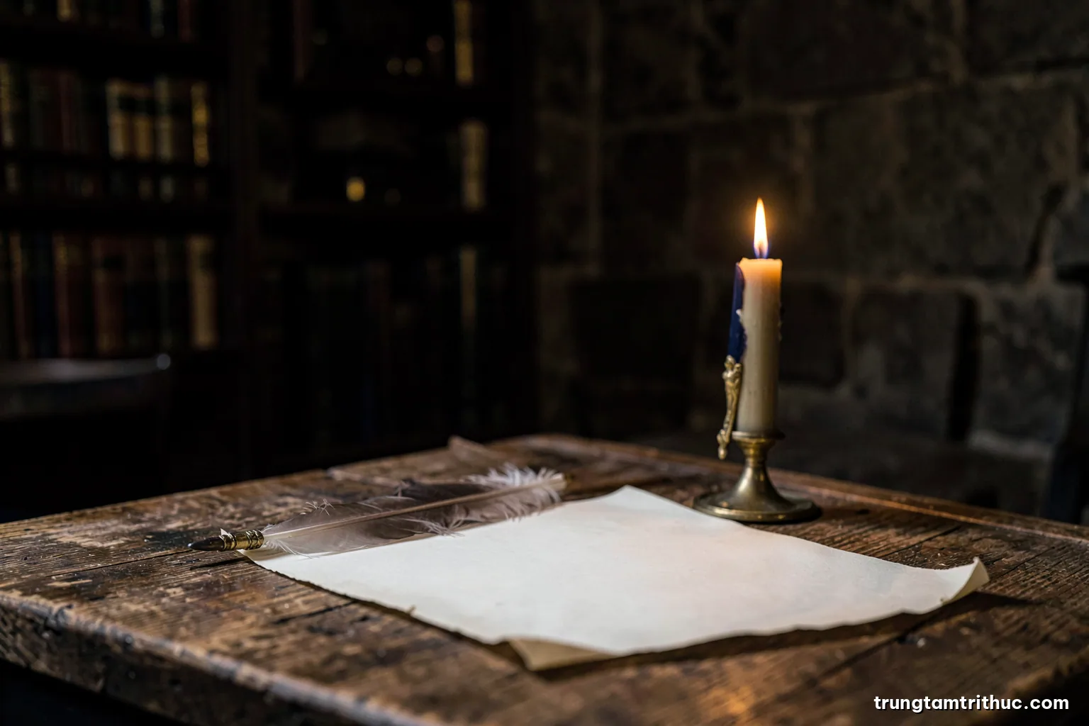Single candle burning beside a quill and blank parchment on a rough oak table in a dim stone room, low angle, chiaroscuro lighting, deep browns and gold