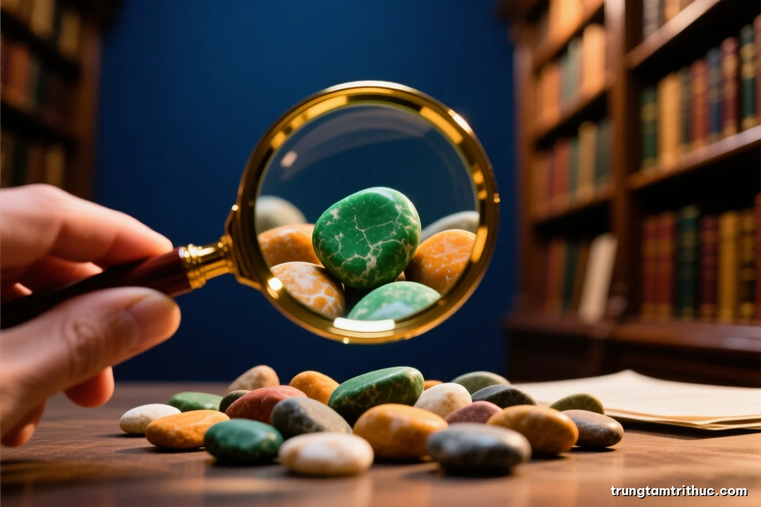 Low angle view through a magnifying glass held by an unseen hand over scattered colored pebbles, one cluster sharply in focus while the rest blur, emerald and ochre tones, dramatic side light