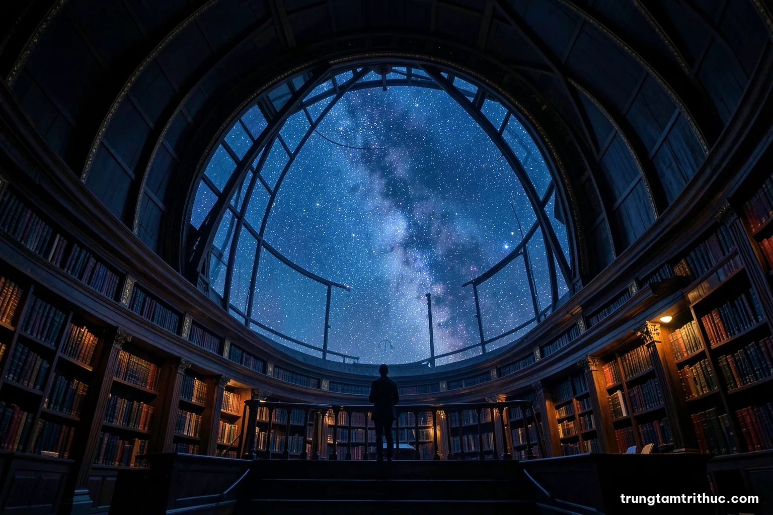 Low angle view of a large observatory dome opening to a starry night sky, a lone silhouetted figure at the railing, cold blue tones with a faint warm interior glow