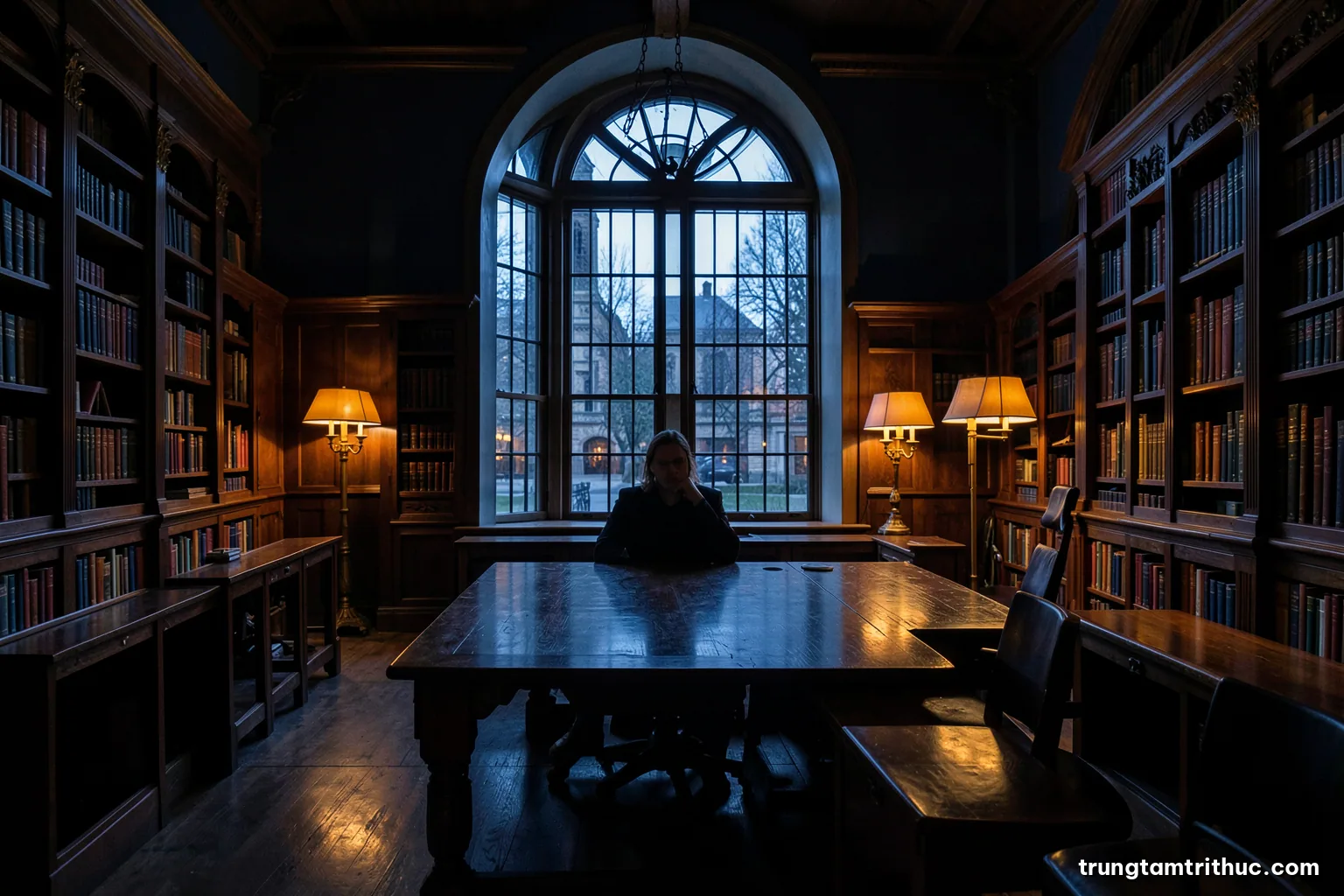 Wide shot of a quiet university reading room at dusk, long wooden tables, a lone reader silhouetted against tall arched windows, warm amber lamps, deep indigo shadows