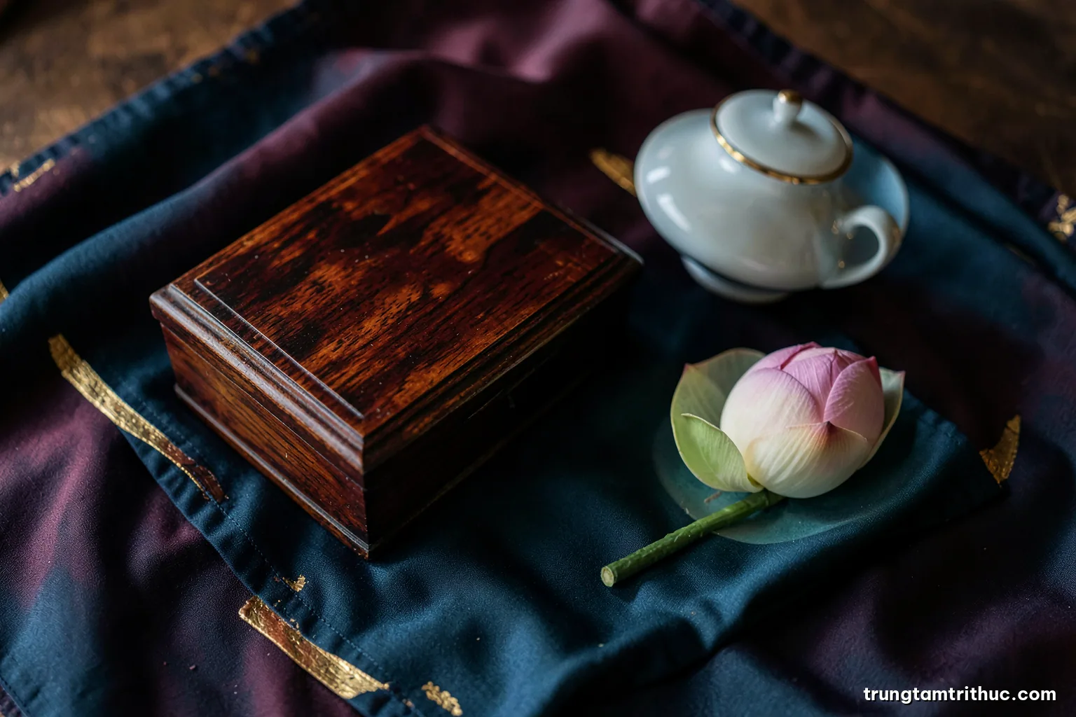 Still life of a lacquered wooden box, a porcelain teacup and a single lotus bud on silk fabric, soft diffused morning light, top-down view, deep red and jade tones
