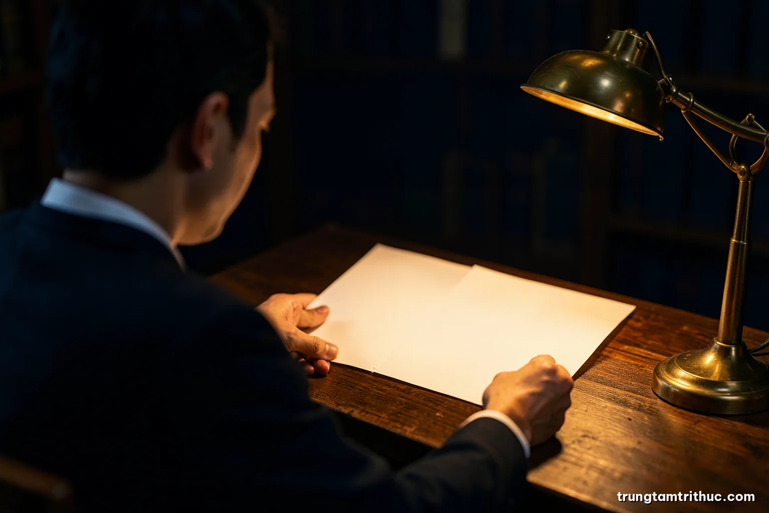 Over-the-shoulder view of a Vietnamese researcher at a wooden desk comparing two blank paper sheets under a brass lamp, warm amber light, deep indigo background, shallow depth of field