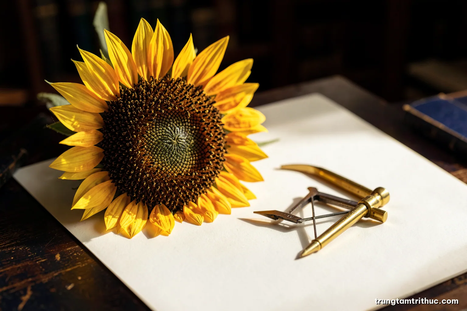 Macro of a sunflower head with its spiral seed pattern beside a brass drafting compass on blank cream paper, soft raking side light, gold and umber palette
