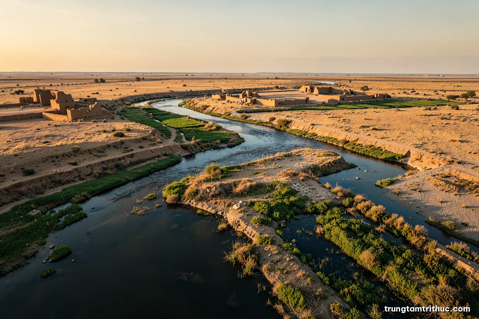 Wide golden-hour aerial view of a meandering river crossing a flat arid floodplain, green irrigated strips beside crumbling mudbrick ruins, warm ochre and muted teal palette