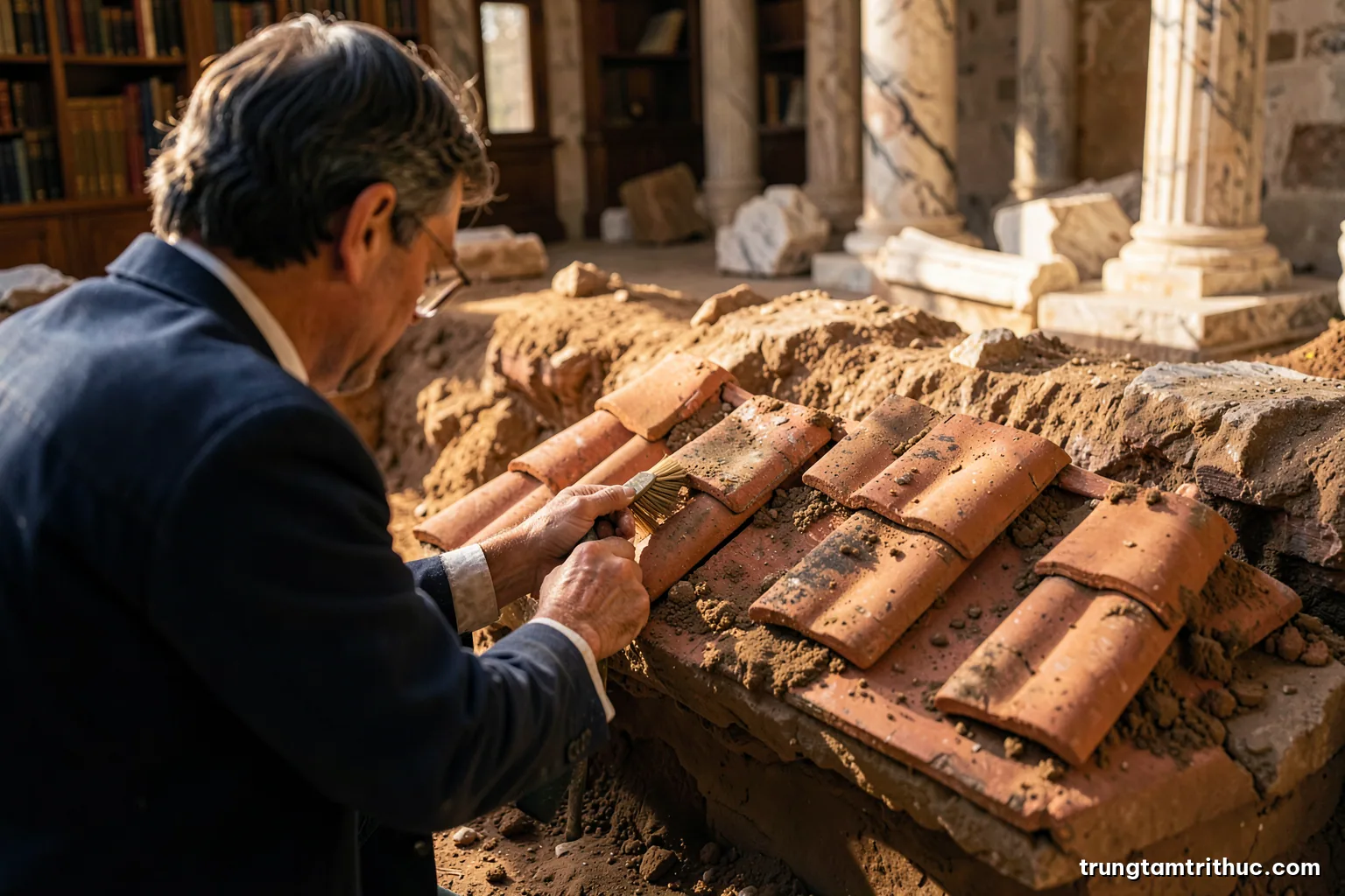 Over-the-shoulder view of an archaeologist brushing soil from broken terracotta roof tiles in a sunlit excavation trench, toppled marble columns behind, warm dusty tones