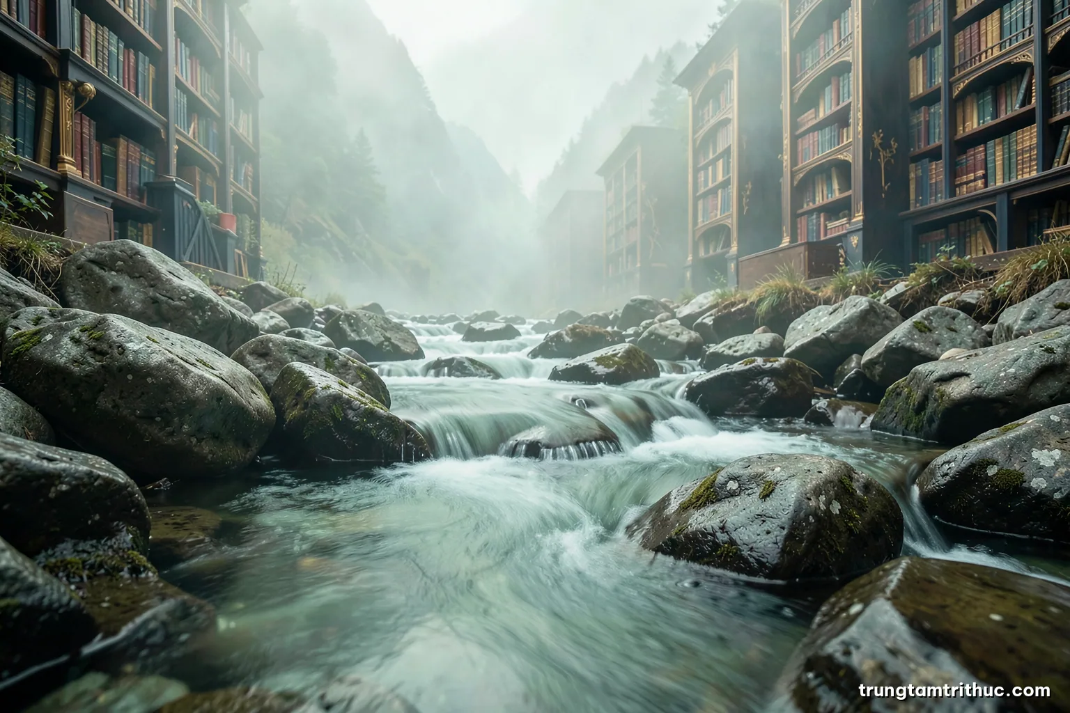 Slow mountain stream flowing around smooth grey boulders in morning mist, long exposure, wide shot from water level, soft jade green and pale silver tones