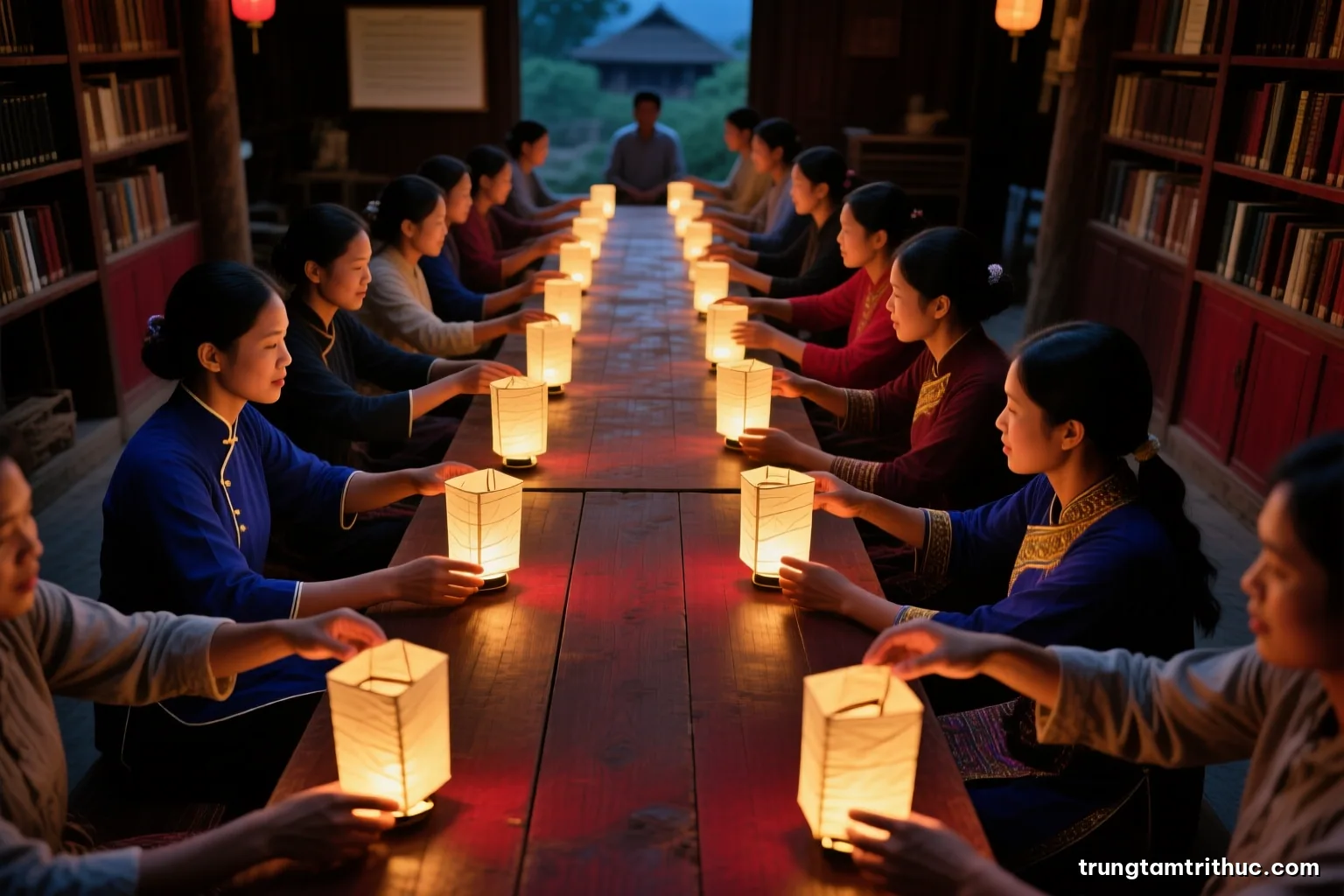 Overhead view of many hands passing small paper lanterns along a long wooden table at a village gathering in northern Vietnam, soft evening light, deep red and warm brown tones